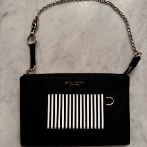 HENRI BENDEL Black Pebbled Leather Clutch Chain Strap Striped Wristlet Wallet
